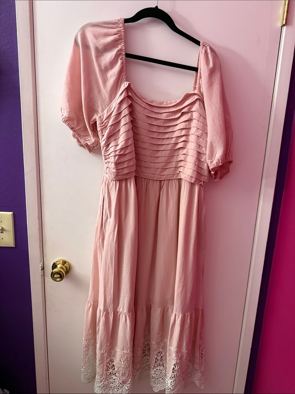 LC Lauren Conrad Blush Pink Puff-Sleeve Tiered Midi Dress with Lace Trim